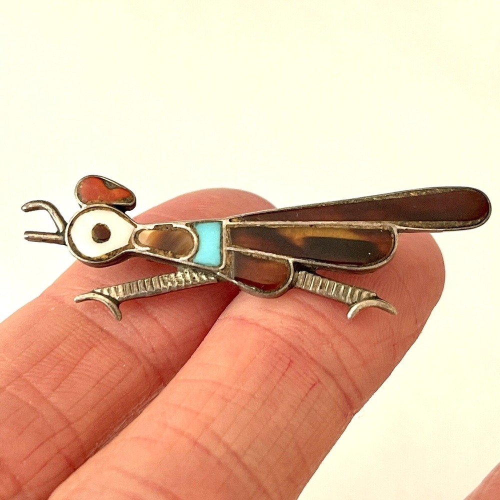 VTG Roadrunner Zuni Pin 1960s Brooch Turquoise Inlay 1.5in Sterling Native Amer